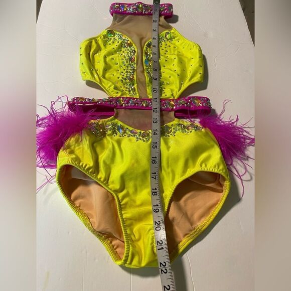 Glamour solo dance costume hot pink neon yellow Feather rhinestone bedazzled LC - Picture 10 of 15